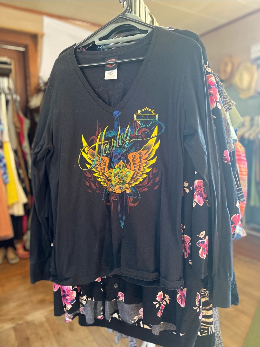 Harley-Davidson Black V-Neck Long Sleeve Tee with Multicolor Winged Emblem